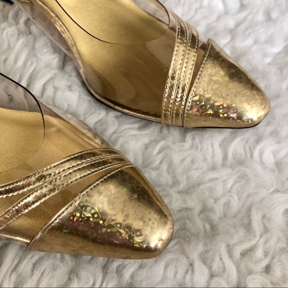 Vintage Amanda gold & clear sling back heels, 8M - Picture 2 of 9